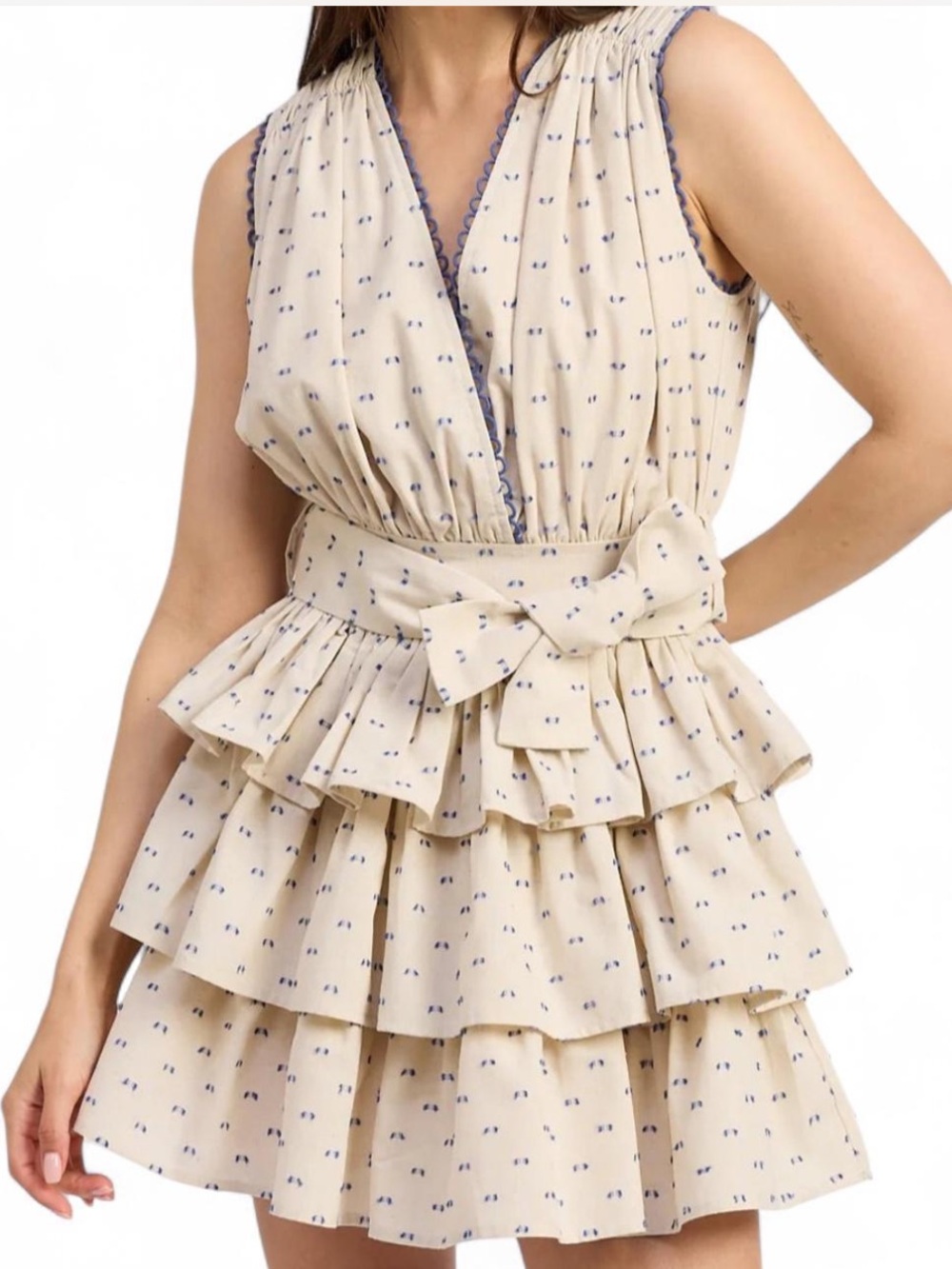 En Saison Cream Tiered Ruffle Mini Dress with Blue Dot Trim